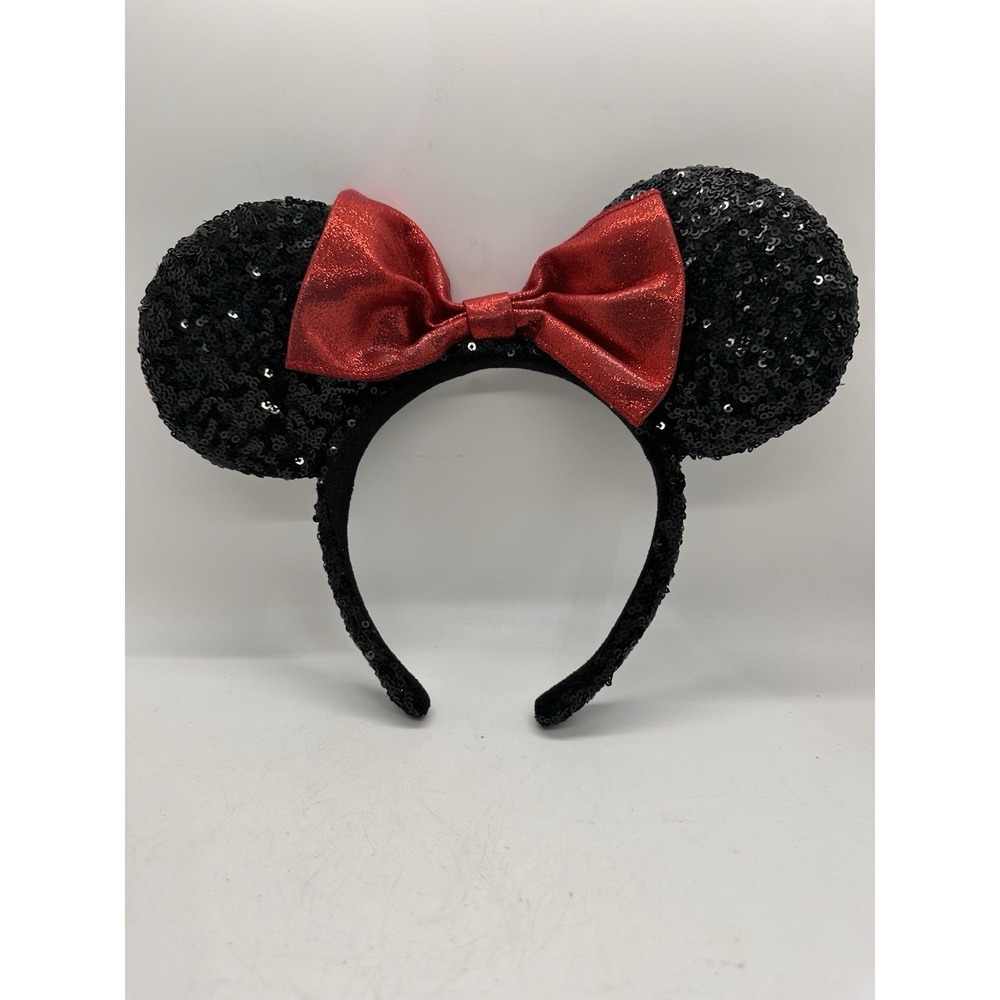 Disney Parks Black Sequin Minnie Mouse Ears‎ Headband Red Lamè Bow Classic